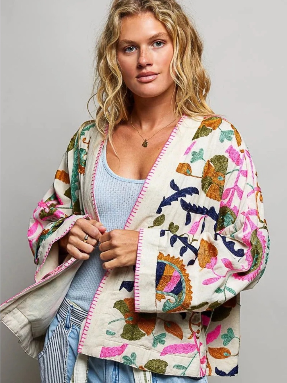 Embroidered Floral Kimono Jacket in Cream and Multicolor
